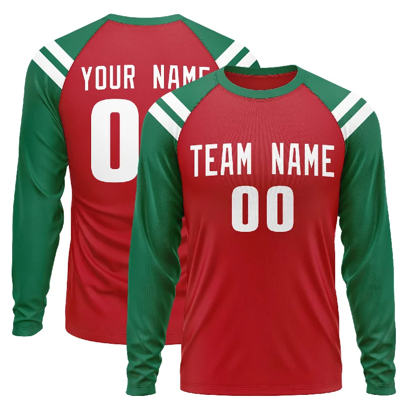 Custom Red Kelly Green-White Crew Neck Personalized Raglan Long Sleeve Performance T-Shirt