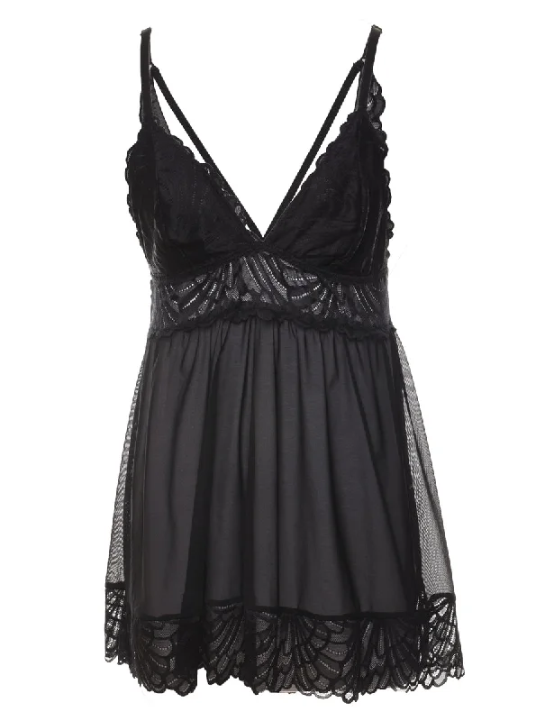 New Markdowns Black Lace Trim 1990s Babydoll - S