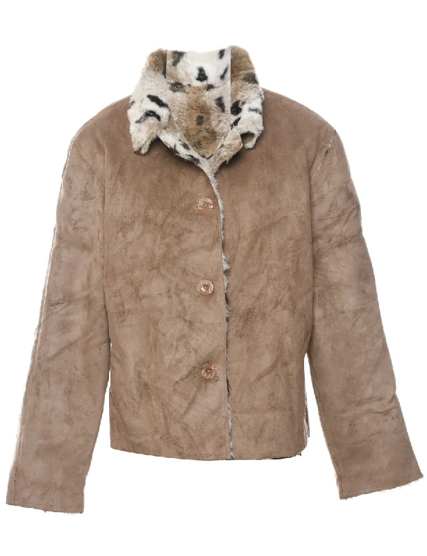 Brown Suede & Animal Design Shearling Lined Jacket - L