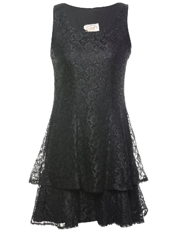 Major Savings Black Lace Ruffled Evening Dress - S