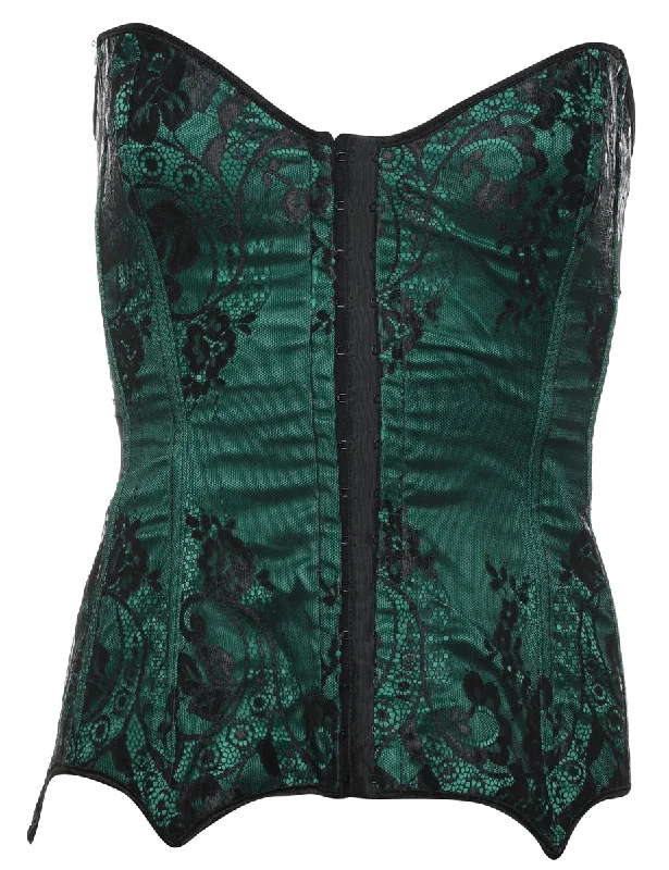 Online Only Black & Dark Green Boned Lace Corset - S