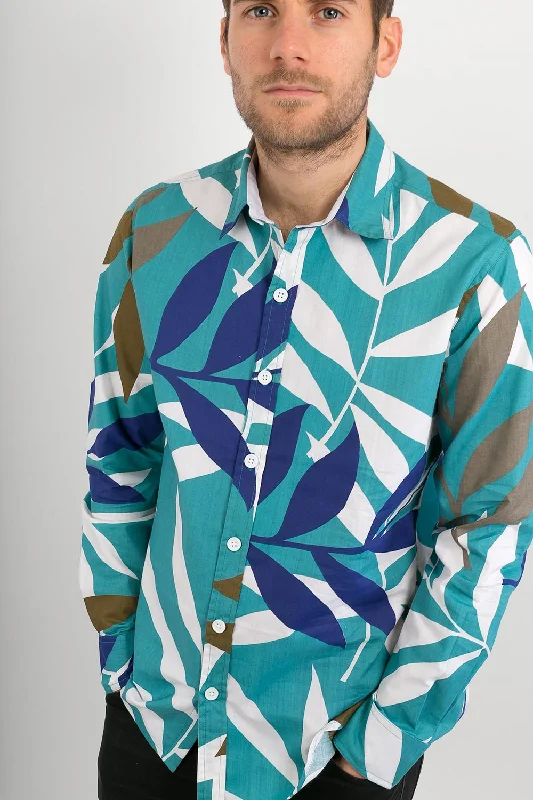 Sale Event Green Blue Brown White Tropical Leaf Print Cotton Slim Fit Mens Shirt Long Sleeve