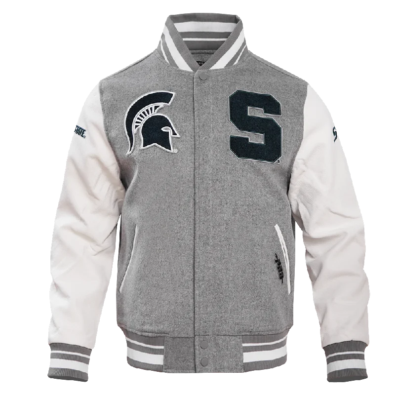 Super Sale MICHIGAN STATE UNIVERSITY CLASSIC RIB WOOL MEN'S VARSITY JACKET (HEATHER GREY/WHITE)