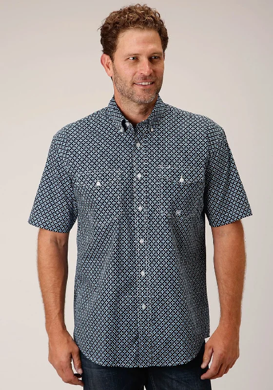 Can't Miss Roper Mens 1447 Four Leaf Foulard Blue 100% Cotton Btn S/S Shirt