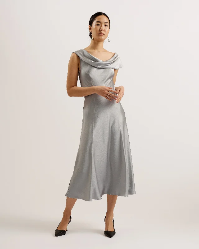 YEAR-End Sale Sirinna Draped Neck Bias Cut Midi Dress Lt-Grey