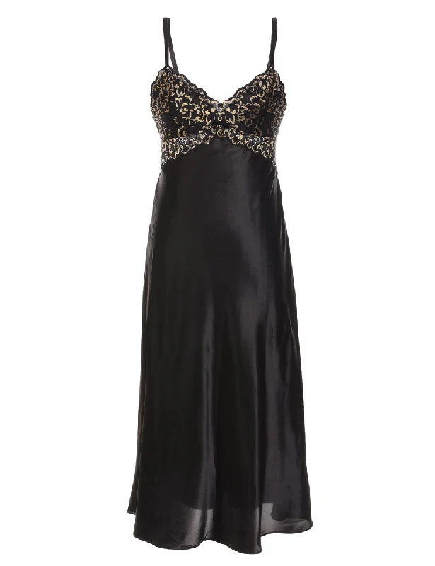 Price Cut Black & Gold 1990s Lace Trim Slip Dress - S