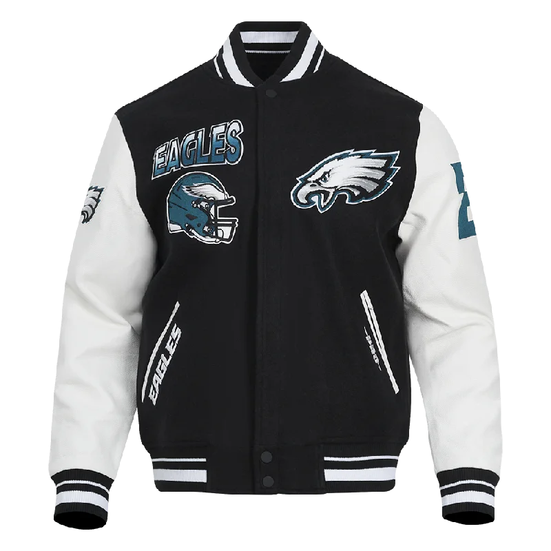 NFL PHILADELPHIA EAGLES TURN IT UP MEN'S RIB WOOL VARSITY JACKET (BLACK/WHITE)