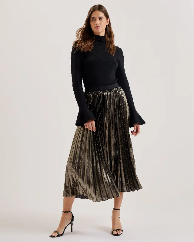 Discount Days Kese Metallic Pleated Midi Skirt Gold