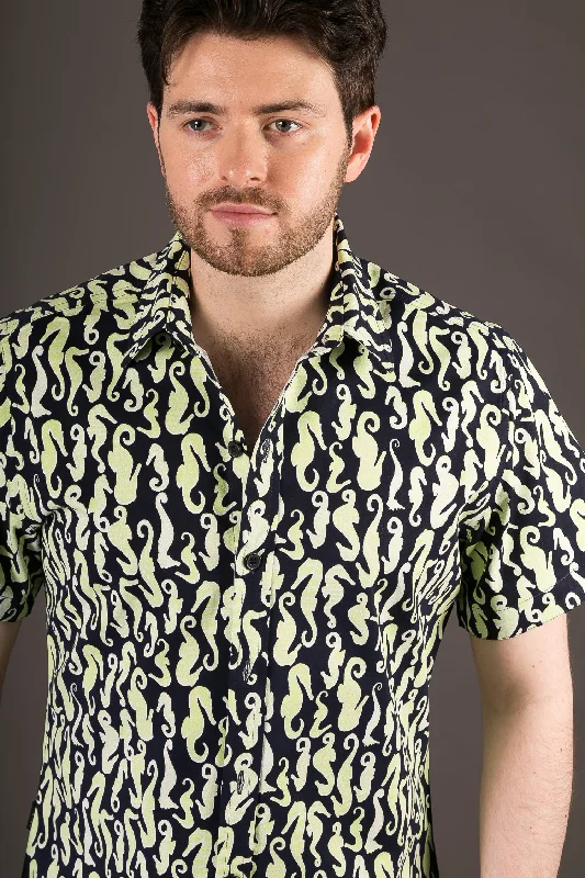 Limited Time Discount Seahorse Black Green Print Cotton Slim Fit Mens Shirt Short Sleeve