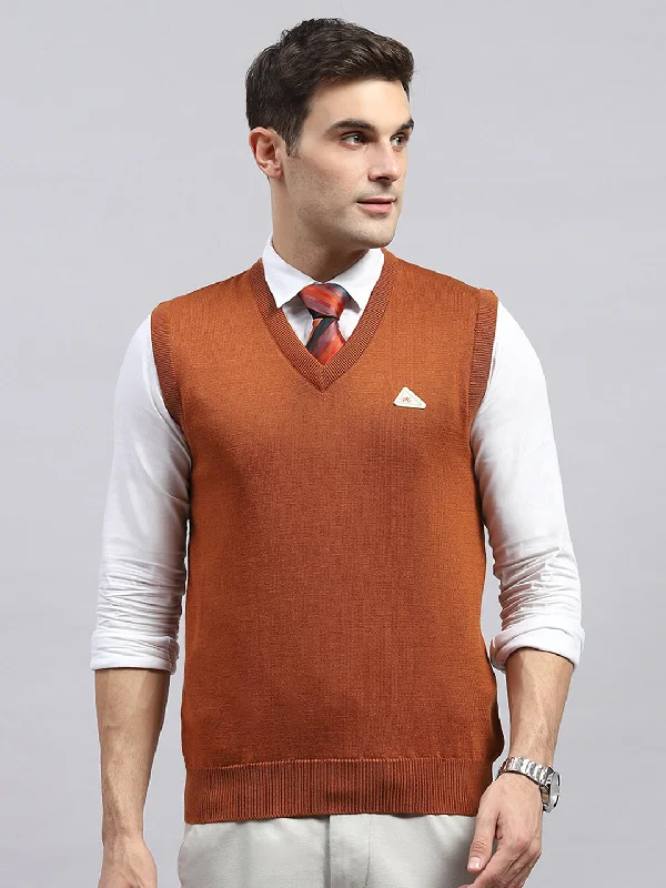 Markdown Sale Men Rust Solid V Neck Sleeveless Sweater