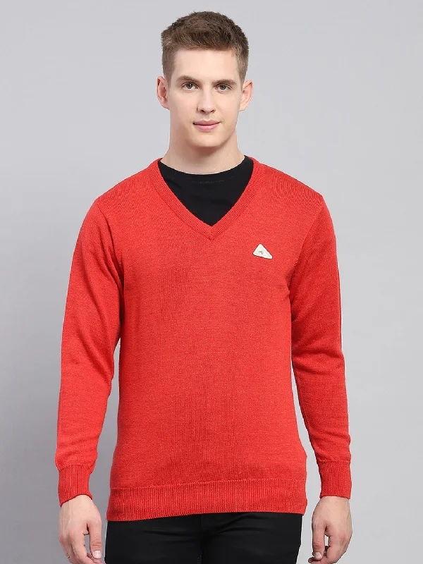 Amazing Deals Men Red Solid V Neck Full Sleeve Pullover