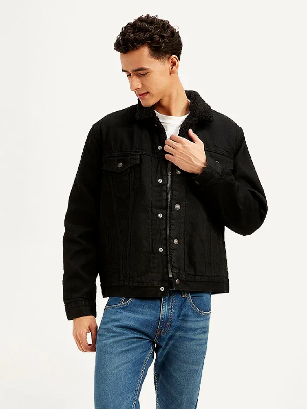 Men's Solid Black Spread Collar Jacket