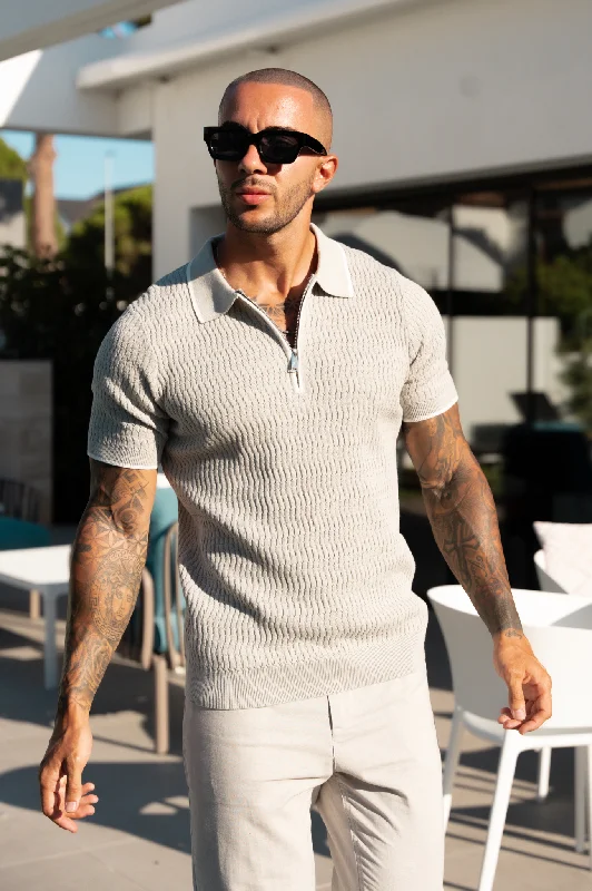 Now or Never Capo Egyptian Cotton ZIGZAG SS Zip Polo Shirt - Stone