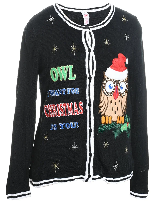 Deal Dash Black Knit Owl Design Christmas Cardigan - S