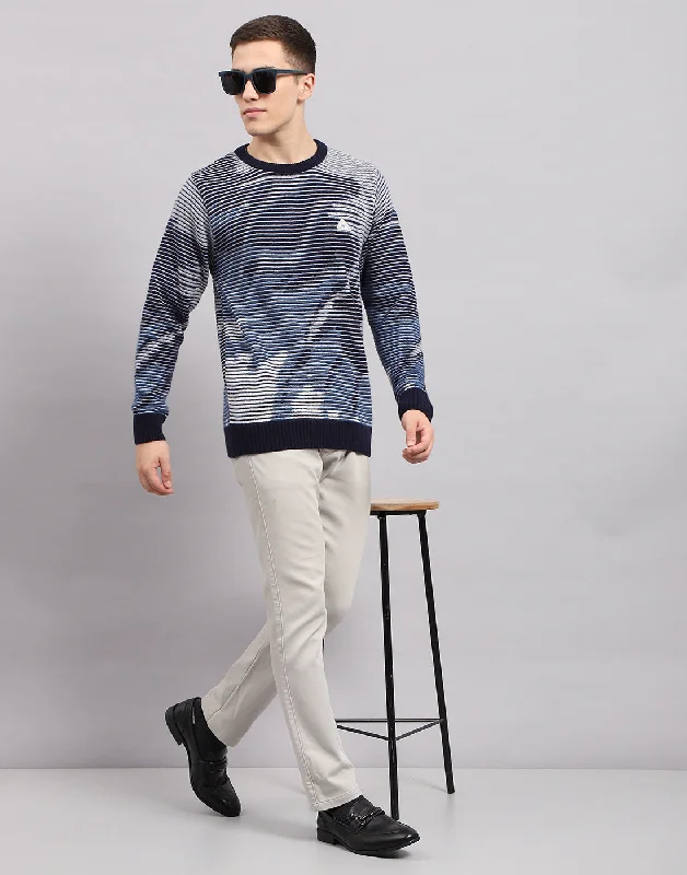 Overstock Men Navy Blue Self Design Round Neck Full Sleeve Pullover