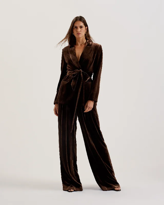 Final Sale Momijit Wide Leg Pleated Silk Velvet Trouser Brown