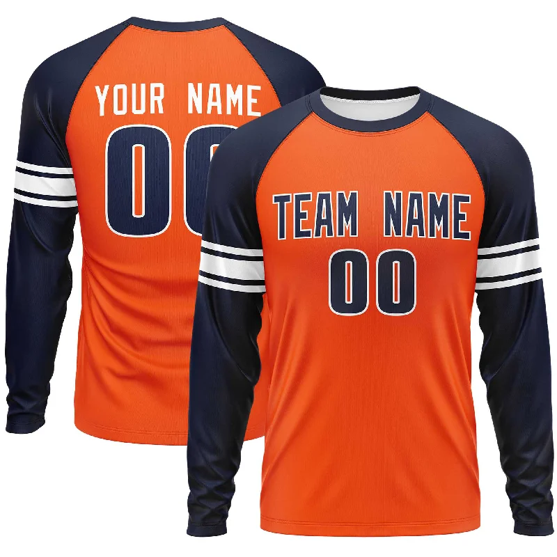 Custom Orange Navy White Crew Neck Personalized Raglan Long Sleeve Performance T-shirt