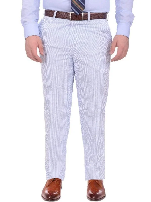 Emigre Classic Fit Blue & White Seersucker Striped Flat Front Cotton Dress Pants