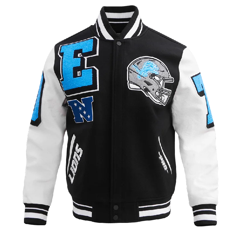 Low Prices NFL DETROIT LIONS MASHUP MEN'S RIB WOOL VARSITY JACKET (BLACK/WHITE)