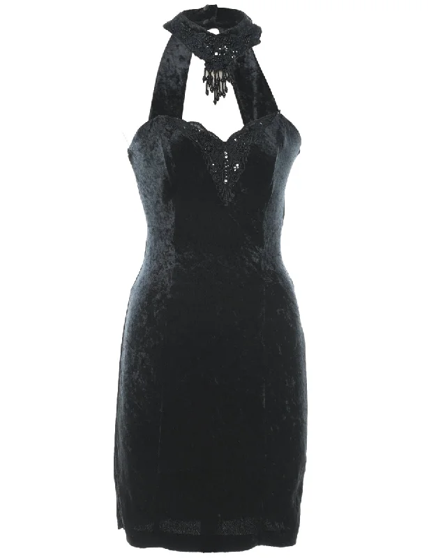 Deal Frenzy Black High-Neck Embellished Lace Trim Evening Dress - M