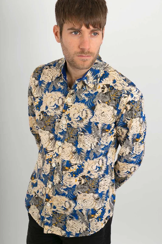 Unbeatable Prices Blue Lions Tigers Print Cotton Slim Fit Mens Shirt Long Sleeve