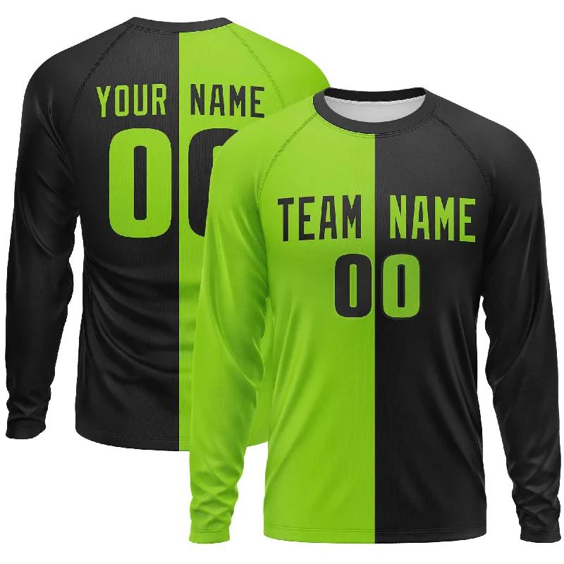 Custom Neon Green Black Crew Neck Split Design Long Sleeve Performance T-Shirt