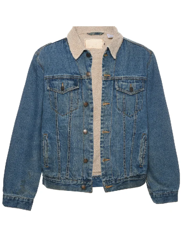 Button Front Shearling Denim Jacket - L