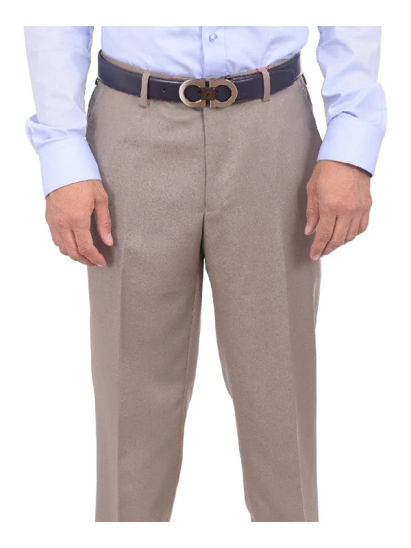 Weekend Deal Mens Napoli Extra Slim Fit Solid Beige Flat Front Marzotto Wool Dress Pants