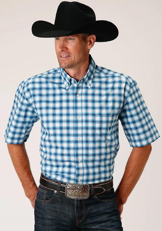 Amazing Deals Roper Mens 1459 Stretch Check Blue Cotton Blend 1 Pkt S/S Shirt
