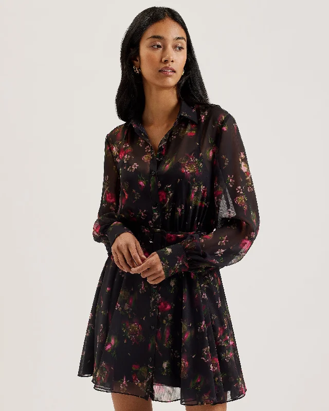 Shop and Save Ebene Collared Printed Button Down Mini Dress Black