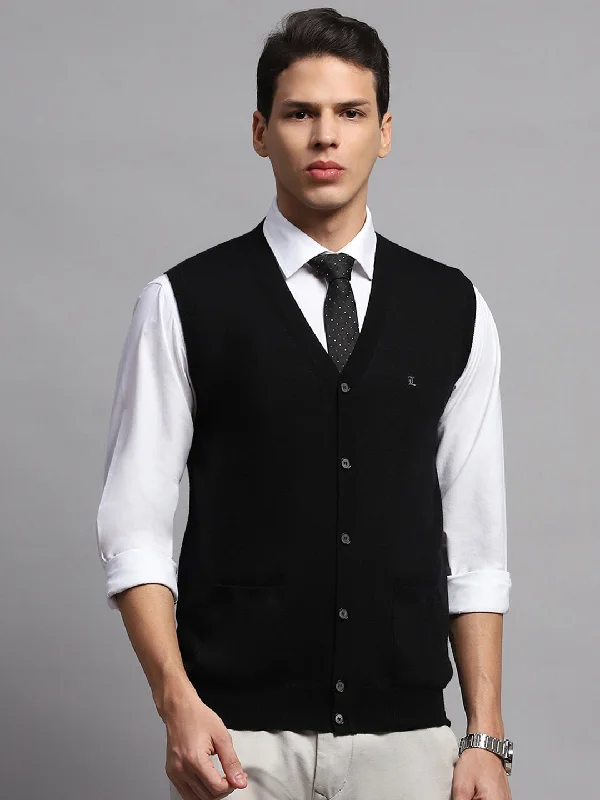 Stock Clearance Men Black Solid V Neck Sleeveless Cardigan