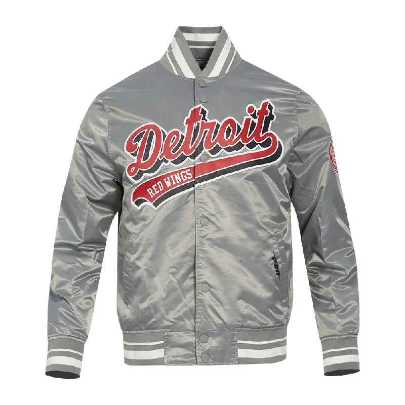 Big Savings NHL DETROIT RED WINGS SCRIPT TAIL MEN'S SATIN JACKET (GRAY)