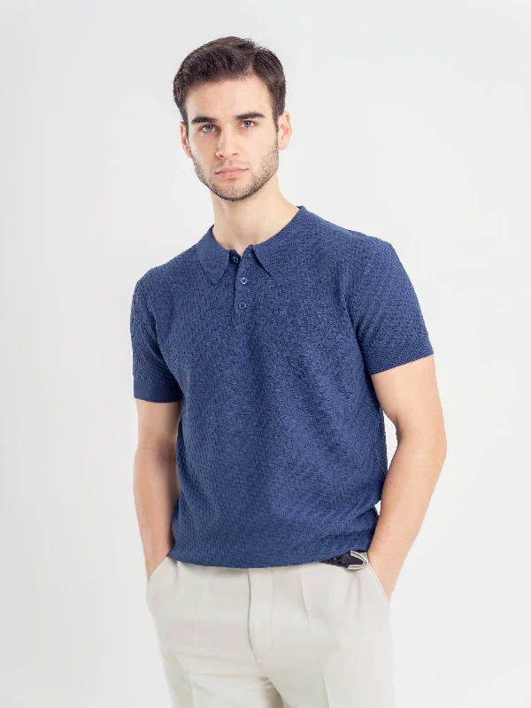 Weekend Savings Fiesta Basketweave Knit Polo Tee - Steel Blue