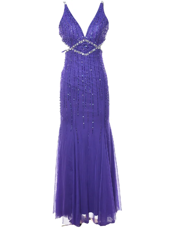 Online Only Beaded Purple Backless Cut-Out Sparkly Evening Dress - XS