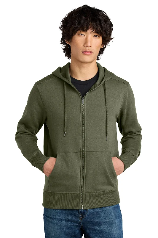 District Mens Perfect Weight Fleece Full Zip Hooded Sweatshirt Hoodie w/ Pockets - Military Green