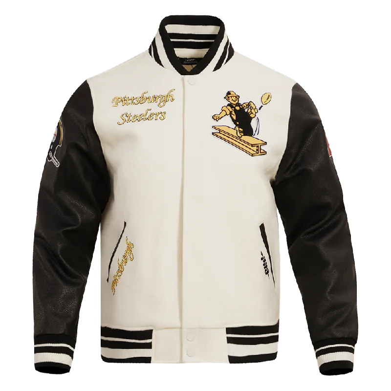 NFL PITTSBURGH STEELERS RETRO CLASSIC MEN'S RIB WOOL VARSITY JACKET (EGGSHELL/ BLACK)