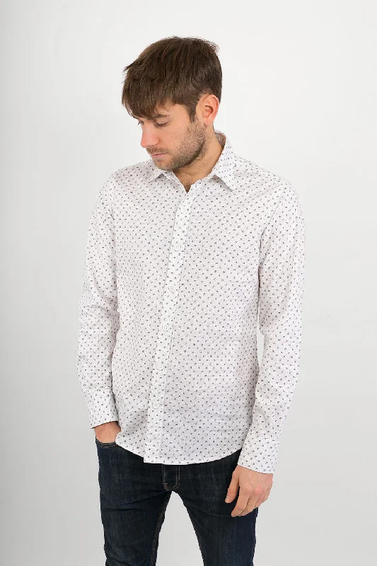 Holiday Sale White Green Leaves Cotton Slim Fit Mens Shirt Long Sleeve