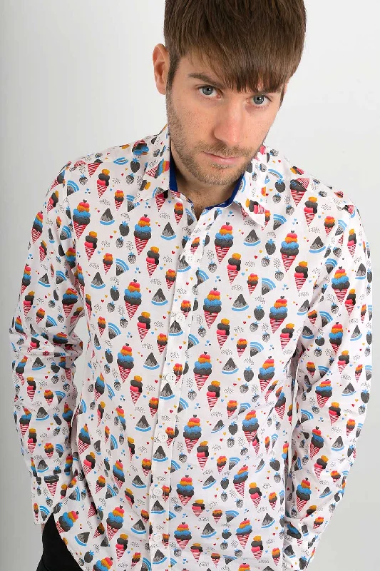 Stock Clearance Ice Cream Print Cotton Slim Fit Mens Shirt Long Sleeve