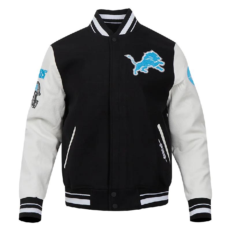 Price Slash NFL DETROIT LIONS OLD ENGLISH MEN'S RIB WOOL VARSITY JACKET (BLACK/WHITE)