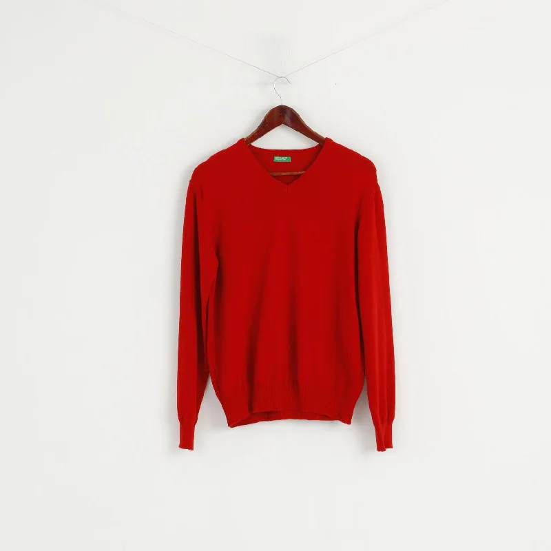 Unwind with Weekend Discounts United Colors of Benetton Men M Jumper Red Cotton V Neck Classic Sweater