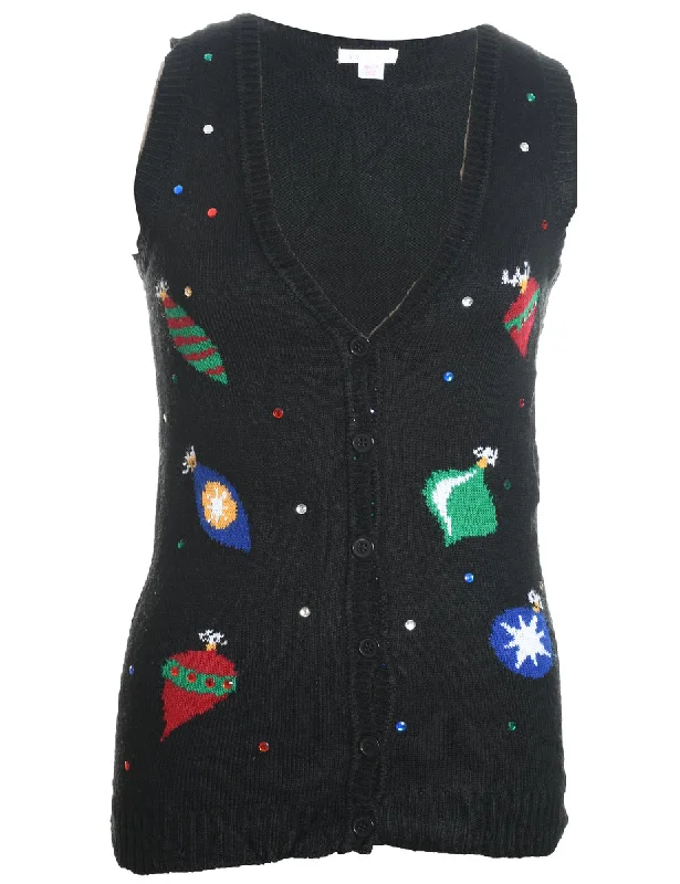 Weekend Offers That Shine Black Christmas Bauble Design Knit Vest - XS