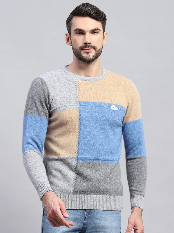 Year-End Deals Men Grey Colourblocked Round Neck Full Sleeve Pullover
