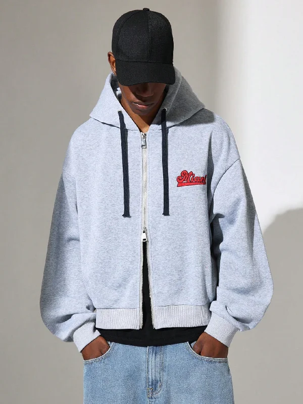Great Deals Crop Fit Zip-Up Hoodie With Embroidered Towel Applique And Drawcords
