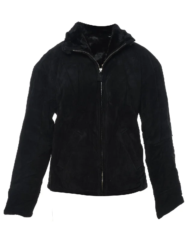 Black Shearling Lined Zip-Front Suede Jacket - M