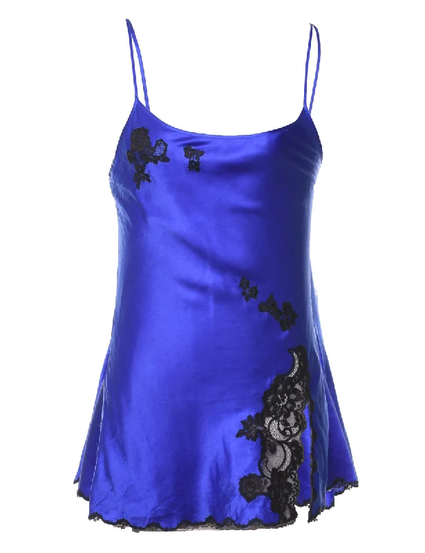 Blue & Black Contrast Strappy Lace Slip Dress - XS