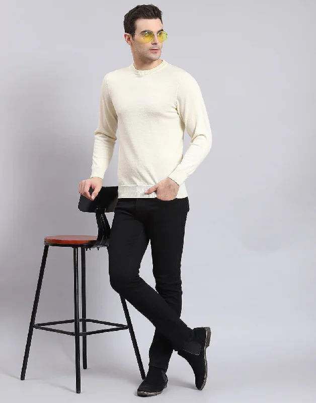 Men Off White Solid Round Neck Full Sleeve Sweater