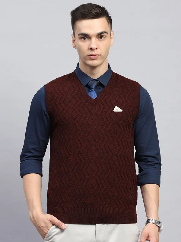 Mega Sale Men Maroon Self Design V Neck Sleeveless Sweater