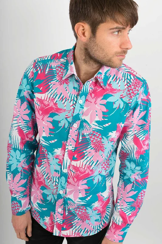 Special Discount Tropical Bird Print Cotton Slim Fit Mens Shirt Long Sleeve