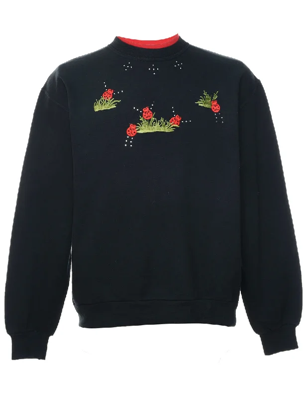 Bargain Alert Black & Red Round Neck Embroidered Sweatshirt - M