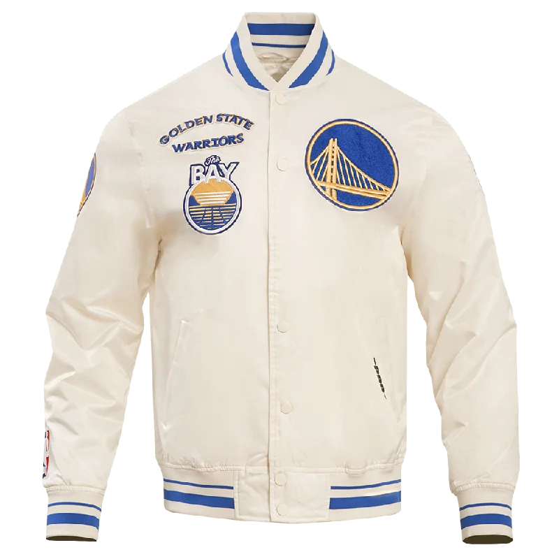 NBA GOLDEN STATE WARRIORS RETRO CLASSIC MEN'S RIB SATIN JACKET (EGGSHELL/ ROYAL BLUE)